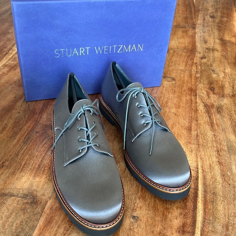 Stuart Weitzman Slate Satin Dress Oxfords, Size 9.0